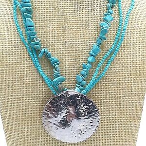 Turquoise Chip Multi-Strand Necklace with Hammered Silver Disc Pendant